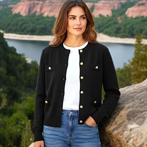 Avec Les Filles Sweater Cardigan M Fitted Black Gold Buttons Pockets Old Money